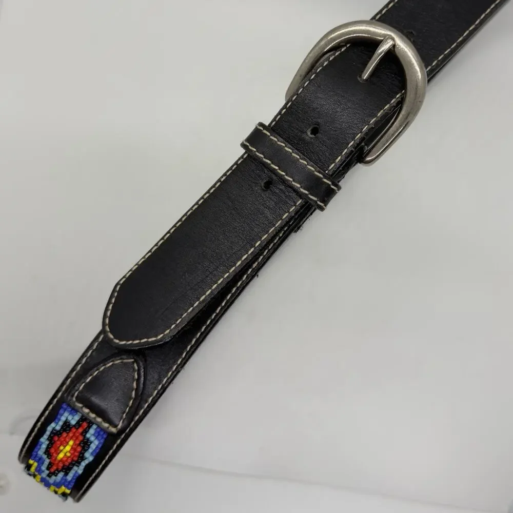 Vintage Beaded Leather Belt SouthWestern Black Sz 30 Native American Handmade